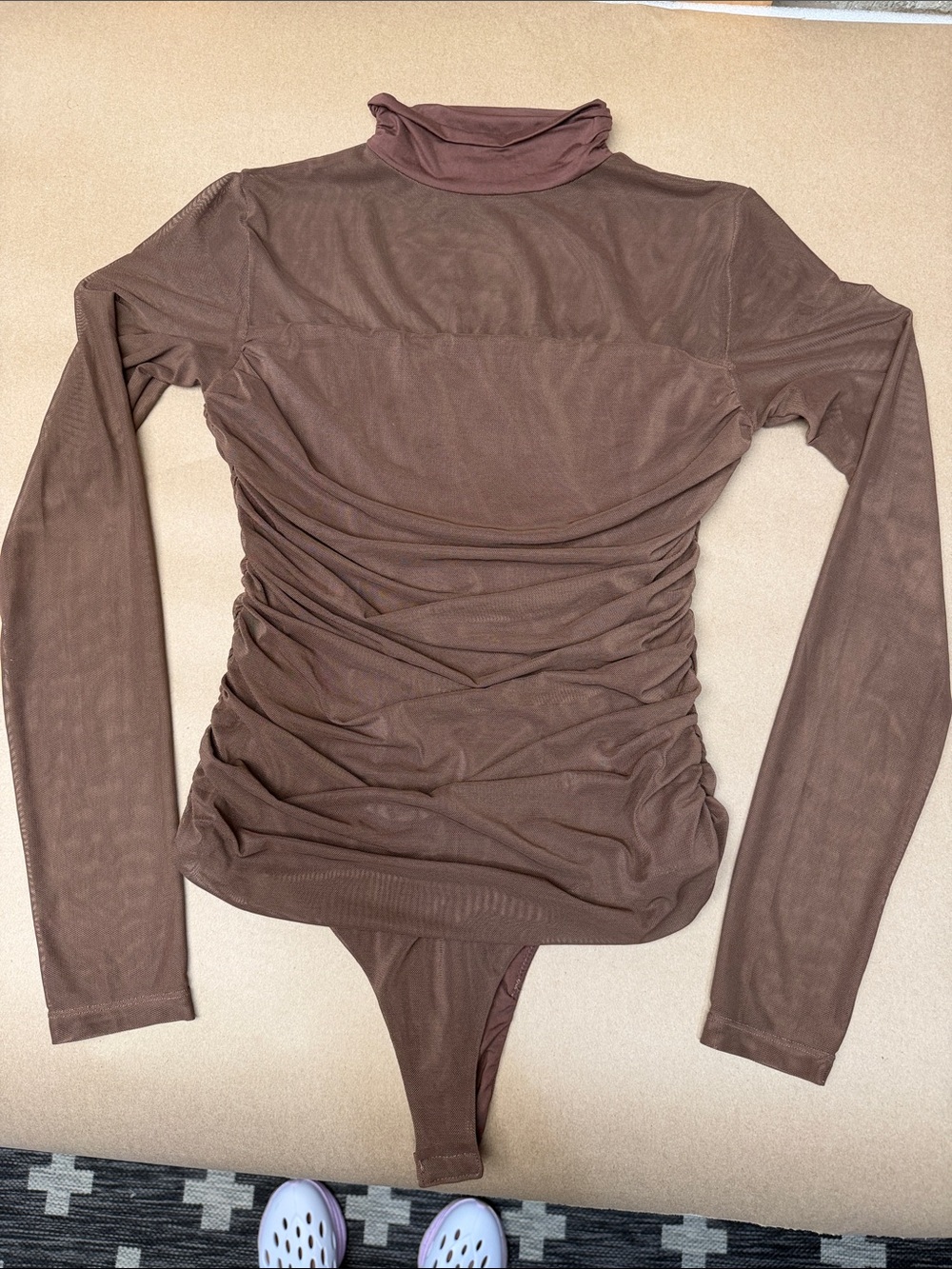 Chocolate Ruched Long-Sleeve Turtleneck Bodysuit